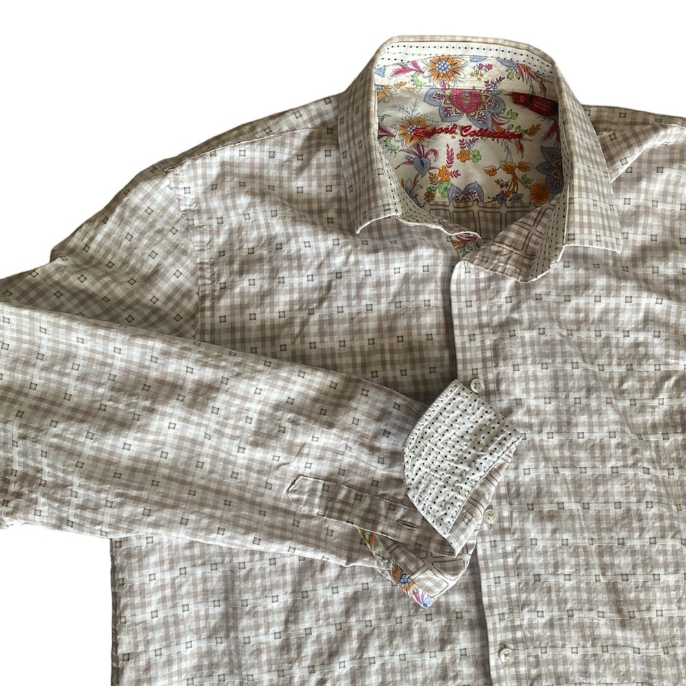 Report Collection 182314 Tan & White Checkered Men’s Long Sleeve Shirt, M